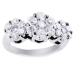 14K White Gold Round Invisible Diamond 156 Carats Cluster 3 Stone