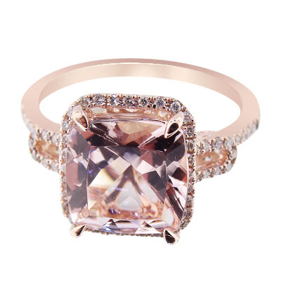 14K Rose Gold Natural Morganite and Diamond Halo Engagement Ring