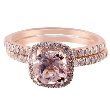 14K Rose Gold Natural Morganite and Diamond Halo Engagement Set