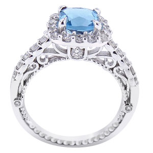 14K White Gold Natural Blue Topaz and Diamond Halo Ring