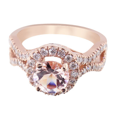 Color Engagement Ring - 14K Rose Gold Natural Morganite and Diamond Halo Engagement Ring