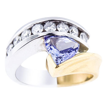 14K White and Yellow Gold Diamond and Natural Trillion Cut Tanzanite Ring 175 Carats