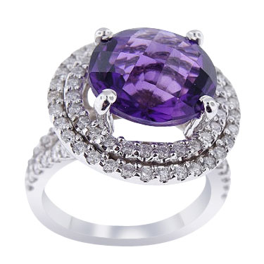 14K White Gold Diamond and Amethyst Halo Ring 7.04 Carats
