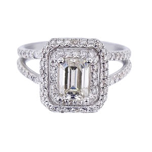 14K White Gold Emerald Cut Center Stone Halo Ring 239 Carats