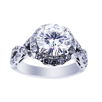 4K White Diamond Halo 8mm Round Forever Brilliant Charles and Colvard Moissanite Engagement-Ring