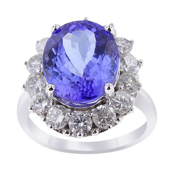 14K White Gold Diamond and Natural Tanzanite Halo Ring 8.01 Carats