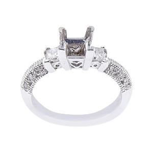 14K White Gold Three Stone Antique Design Engagement Ring