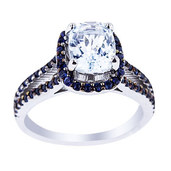 14K White Gold Aquamarine and Blue Sapphire Prong Set Halo Ring