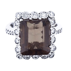 14K White Gold Diamond Smokey Topaz Antique Design Ring