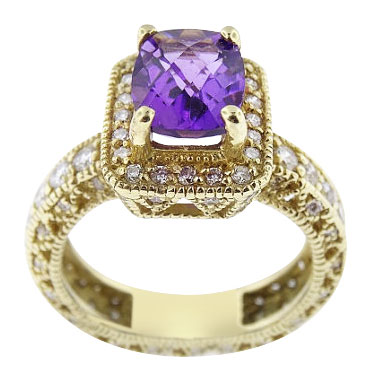 14K Yellow Gold Diamond and Amethyst Antique Halo Design Ring 3.38 Carats