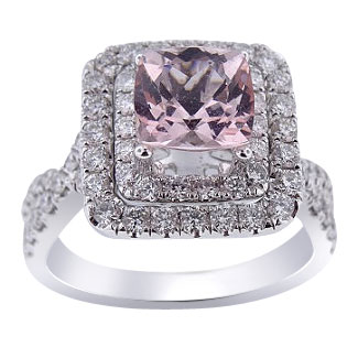 18K White Gold Cushion Cut Natural Morganite and Diamond Engagement Ring
