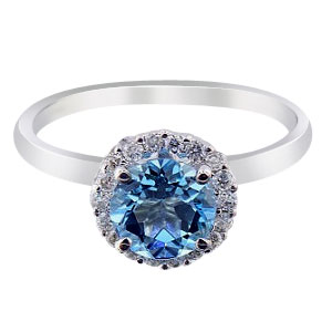14K White Gold Diamond and Blue Topaz Halo Engagement Ring