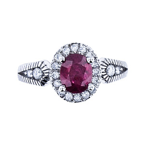 SJ960RRWG - 14K White Gold Natural Ruby and Diamond Halo Ring